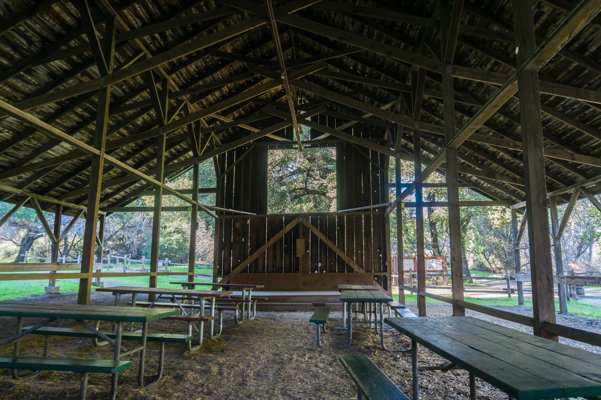 Picnic benches and shed